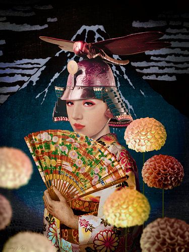 Japanse schoonheid, berg Fuji, libelle, kimono en dahlia’s