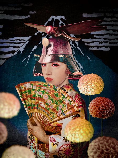 Japanese beauty, Mount Fuji, dragonfly, kimono and dahlias by Blikstjinder by Betty J