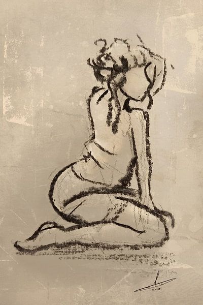 Dessin de femme au fusain et à l'ombre beige par Emiel de Lange