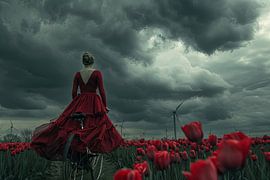 woman cycles through tulip field