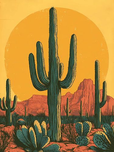 Wüstenlandschaft mit Kakteen bei Sonnenuntergang