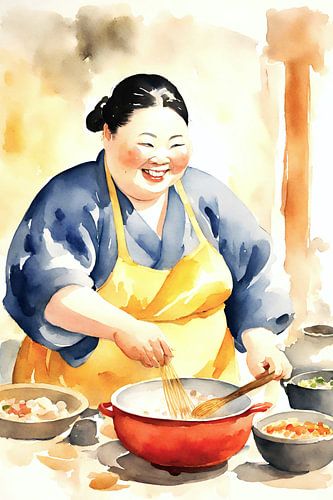 Gezellige dame kookt chinees