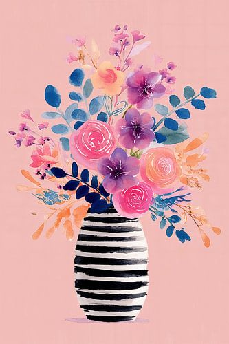 Gestreepte Vaas met Bloemen in Navy en Roze no.3