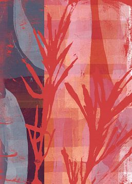 Botanische kunst in warm rood, lila, taupe. van Dina Dankers