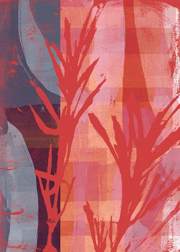 Art botanique en rouge chaud, lilas, taupe.
