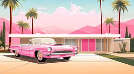 Pink Cadillac and retro bungalow 1950s by Vlindertuin-Art