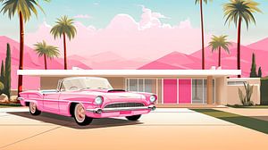 Rosa Cadillac und Retro-Bungalow 1950er Jahre von Vlindertuin Art