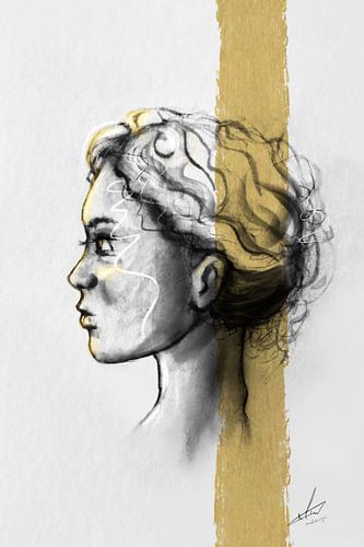 Portret in grijs en goud geel - zijkant van een gezicht