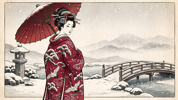 Elegant Geisha in a Snowy Japanese Garden Beneath a Crimson Umbrella