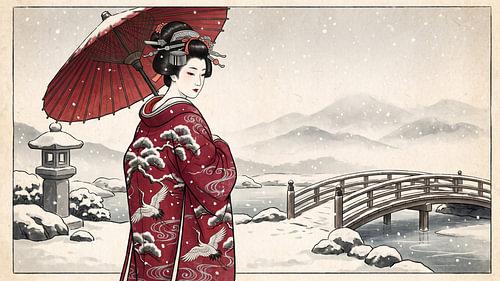 Elegant Geisha in a Snowy Japanese Garden Beneath a Crimson Umbrella