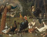 Peacock and peahen on a perch, turkeys, a pheasant and poultry by a well, Adriaen van Utrecht by Masterful Masters thumbnail