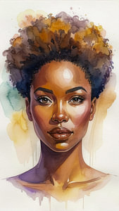 Elegantes künstlerisches Porträt einer schönen afrikanischen Frau, ausdrucksstarke Augen, natürlicher im malerischen Wasserfarben Style