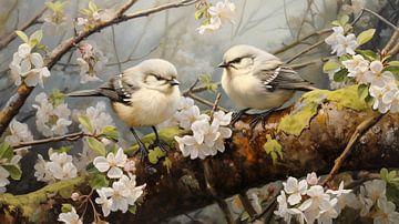Vogelkuikens zitten tussen de takken van een appelboom met witte bloesem van Animaflora PicsStock