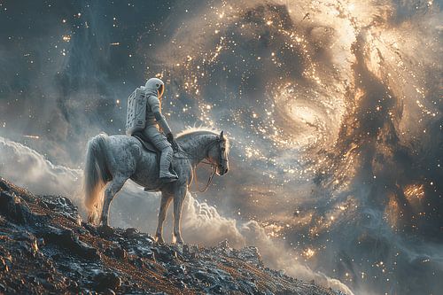 Astronaut te paard in een surrealistisch melkweglandschap