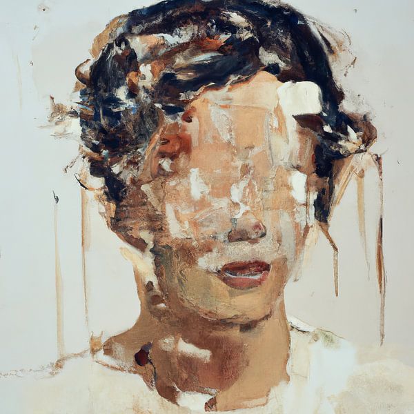 Abstraktes Porträt in Beige-, Weiß-, Braun- und Schwarztönen von Carla Van Iersel