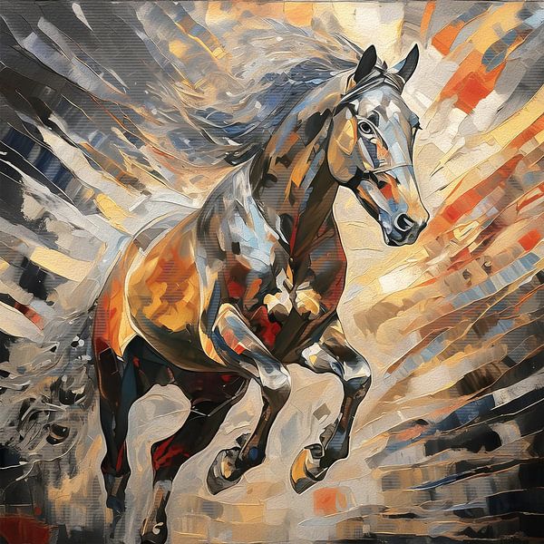 Cheval de saut d'obstacles en or, noir et orange par Emiel de Lange