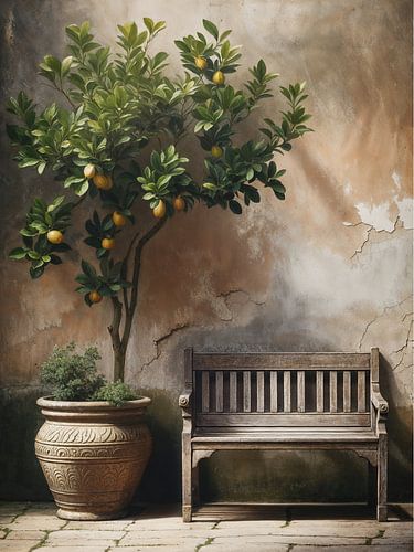 Zitronenbaum und Bank - ländlich-rustikales mediterranes Stillleben