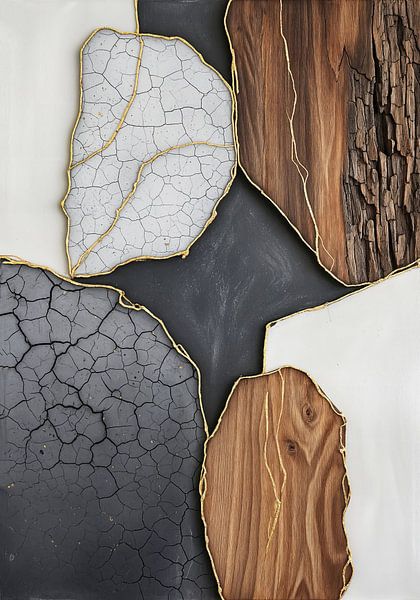 Abstract getextureerde muurkunst met gouden contouren van Markus Gann
