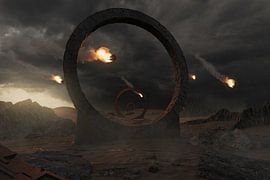 Dystopische Landschaft mit großen dunklen Ringen, umgeben von herabfallenden Feuerkugeln und Meteoren von Besa Art