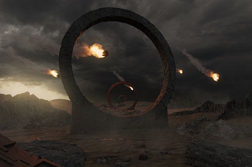 Dystopisch landschap met grote donkere ringen omringd door vallende vuurballen en meteoren