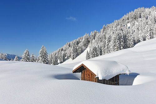 Kleine hut in de sneeuw