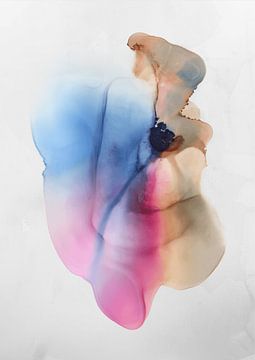 Kleurrijk, modern abstract aquarel in roze, blauw en bruintinten van Studio Allee