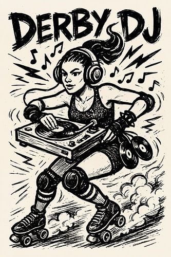 Roller derby DJ (muziek, skates, draaitafel, zwart wit, tekening, hoofdtelefoon, grammofoonplaten, meisje, tiener, slaapkamer)