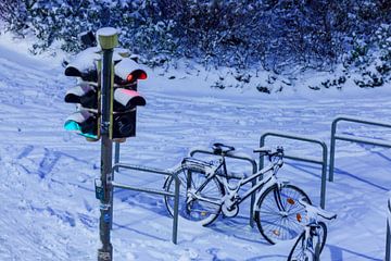 Besneeuwde verkeerslichten en geparkeerde fietsen bij schemering, Bremen, Duitsland, europa van Torsten Krüger