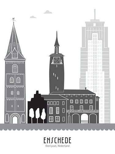 Skyline illustratie stad Enschede zwart-wit-grijs