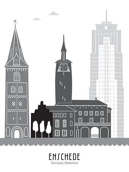 Skyline illustration city Enschede black-white-grey by Mevrouw Emmer