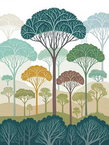 Betoverd bos: Een sereen tapijt van gestileerde bomen en fluisterende heuvels in aardetinten
