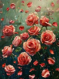 The Descent of Crimson Silk: A Study of Falling Roses in an Emerald Mist by Artistic