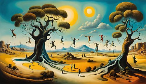 Dancing people in surreal landscape Dali style
