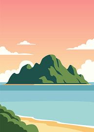 Illustration vectorielle minimaliste représentant une île tropicale vue depuis une plage de sable. sur Adam Khabibi