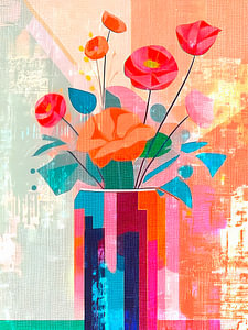 Modernes abstraktes Stilleben. PopArt Blumenstrauß mit Mohnblumen