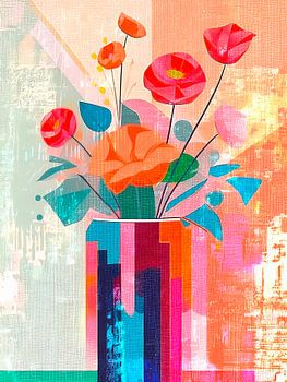 Modernes abstraktes Stilleben. PopArt Blumenstrauß mit Mohnblumen