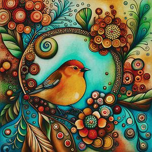 Kleiner dicker süßer Vogel mit Blumen