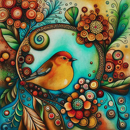 Klein vet lief vogeltje met bloemen