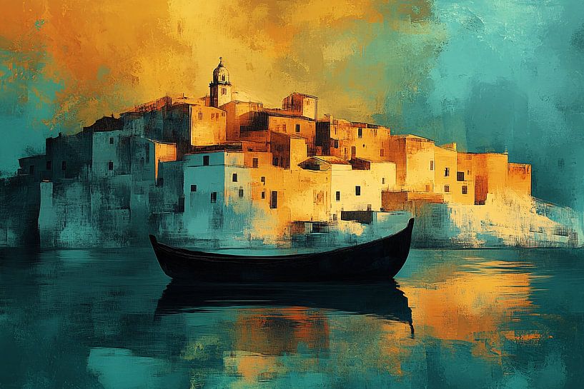 Stadt bei Sonnenaufgang am Wasser von Art & Soul Creations