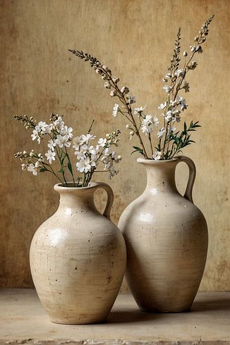 Twee aardewerken vazen met takjes