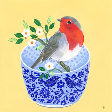 Roodborstje en blauwe kom van Isabelle Brent