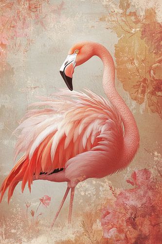 Flamingo in Pink Velvet Elegance among Flowers