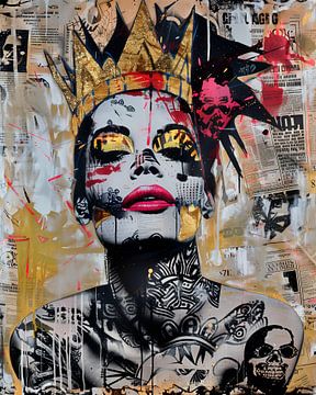 Urban Queen een krachtige vrouw met kroon in mixed media collage van Dutch Art Works