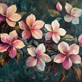 Blumenmalerei | Dunkelgrüner Hintergrund Blumen von Wunderbare Kunst