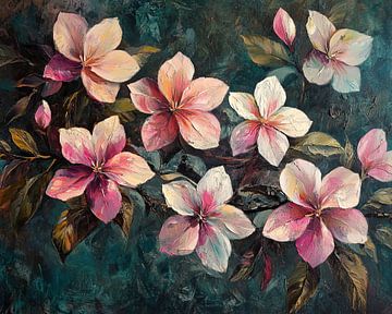 Blumenmalerei | Dunkelgrüner Hintergrund Blumen von Wunderbare Kunst