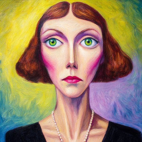 Surrealistisches Frauenporträt mit Perlenkette - Stil der Bergener Schule von Marijke Trienekens