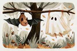 Woodland Friends – Little Ghost and Bat in a Scandinavian autumn forest by Floral Abstractions