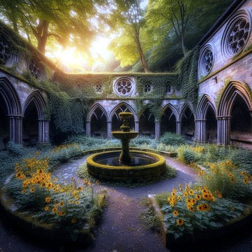 Wilde bloemen in verlaten kloostertuin 1