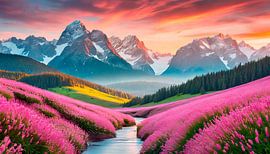 Landschap met roze bloemen