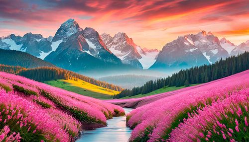 Landschap met roze bloemen